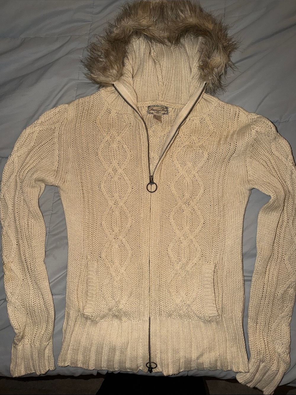American Rag Cream Cable-Knit Zip Hoodie Sweater with Faux-Fur Trim